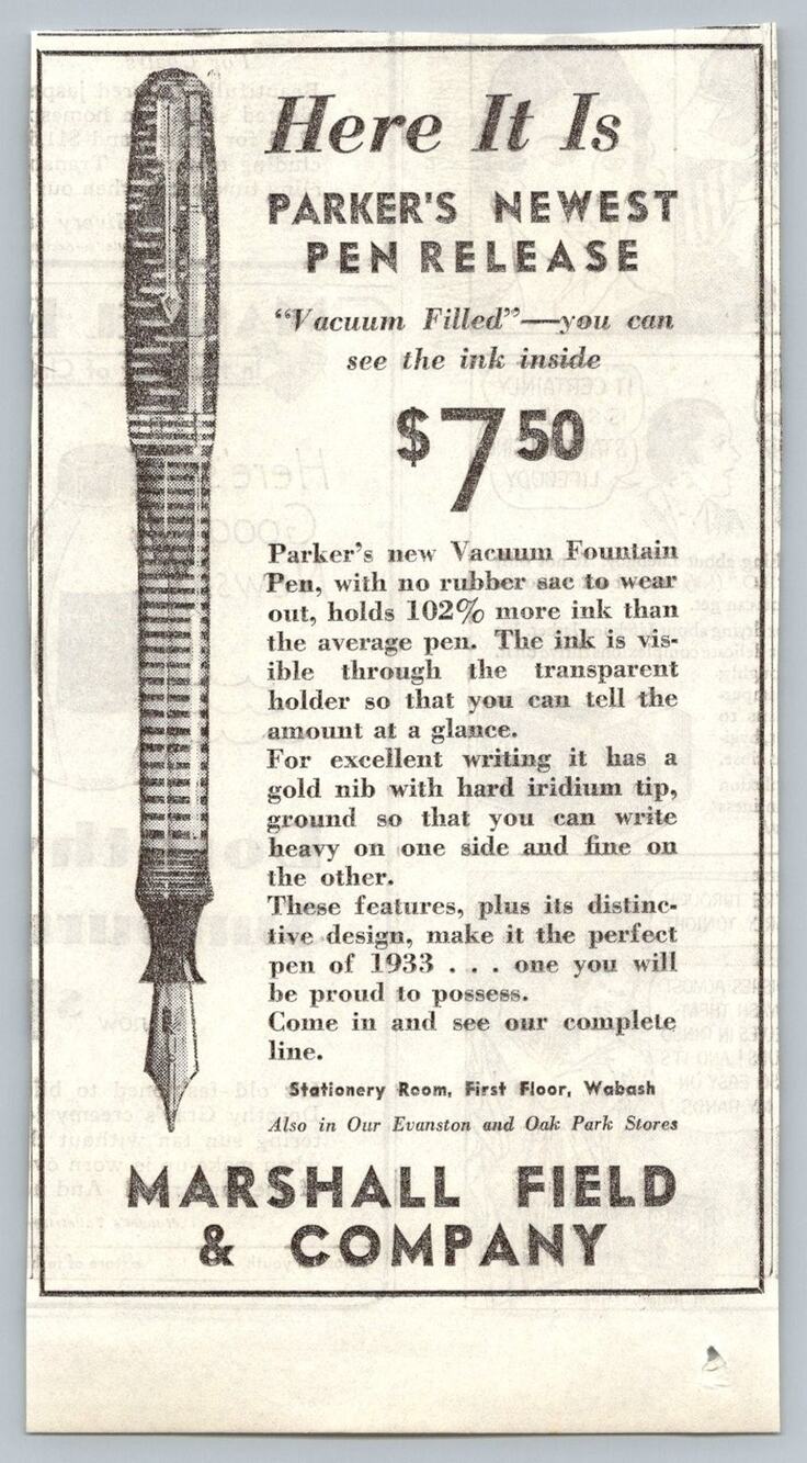 1933 Parker Vacuum Filled Fountain Pen Ad Marshall Field Chicago VTG Ephemera